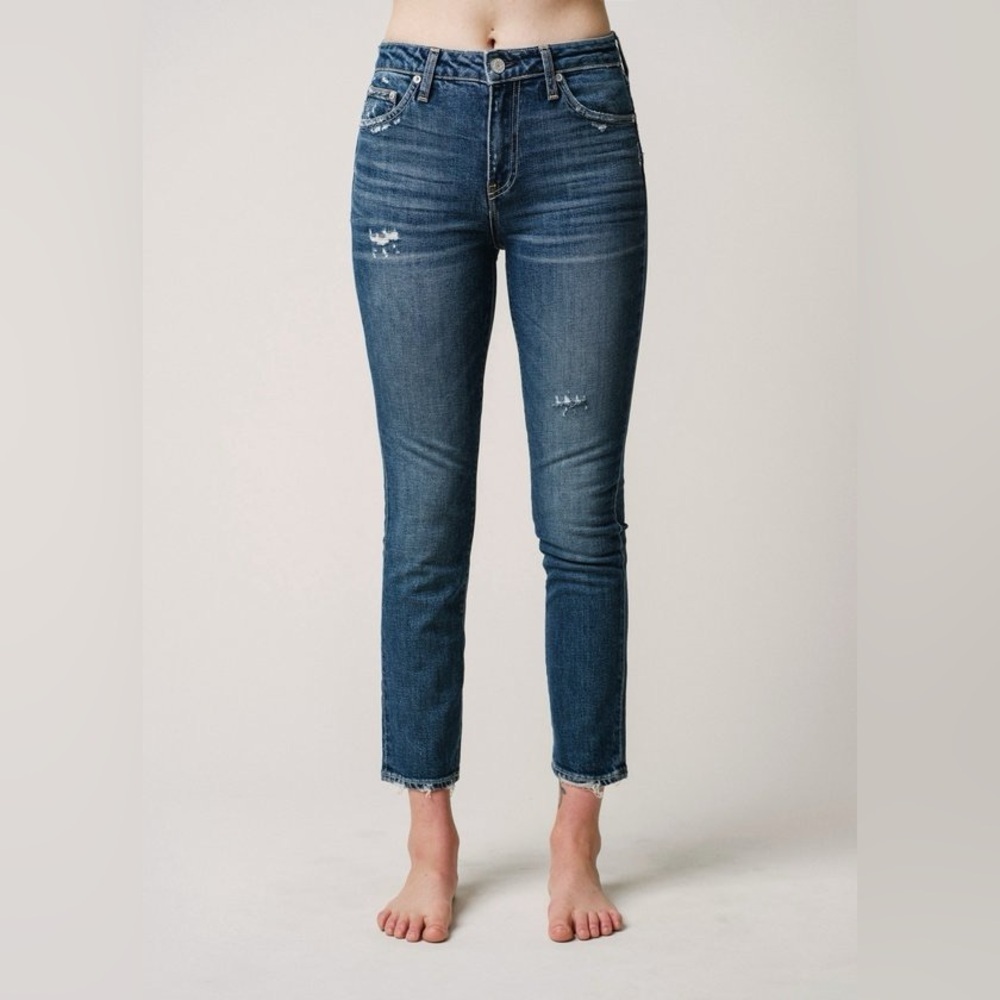 Trave "Irina Slim" Cropped Skinny High Rise Distressed Jeans In Born to Run Wash